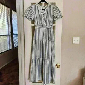 Monteau Short Sleeve V Neck Striped Relaxed Flowy Farmhouse Maxi Dress Medium